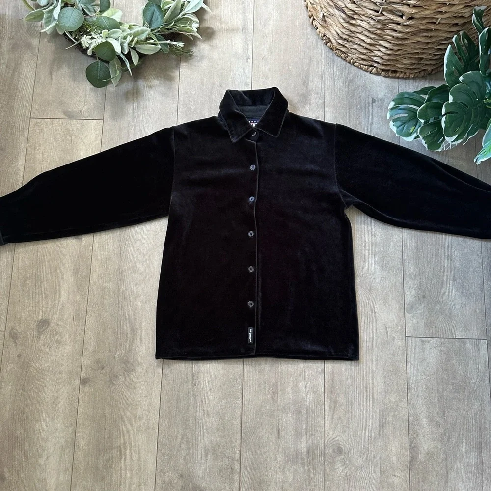 Vintage 90s Oshkosh B’Gosh Genuine Girls Luxurious Black Velvet Button Up Shirt